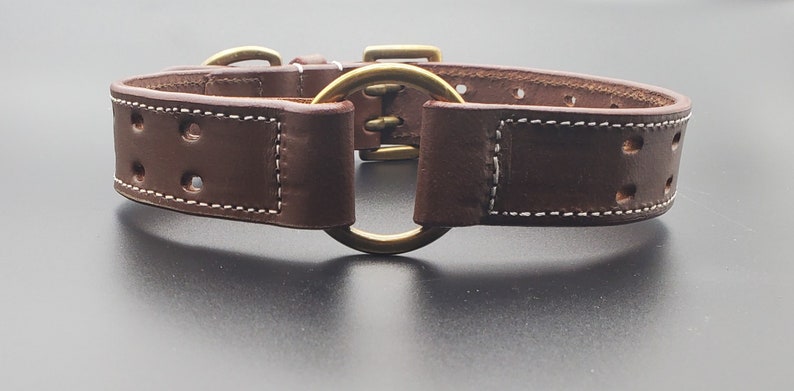 Puede incluir: Un collar de perro de cuero marr&oacute;n con costuras blancas y un anillo en D de lat&oacute;n. El collar tiene dos filas de agujeros para ajustar el tama&ntilde;o.