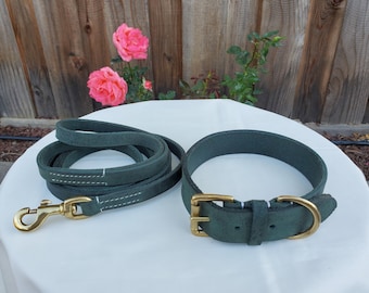 Hunter Green Vibrania Super Soft Thick Distressed Leather Dog Collar, Unique Dog Collar and Leash Set, Handmade w Brass Buckle & Ring
