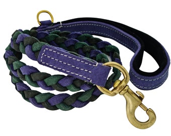 Super Soft 1-Inch Wide, 4 ft or 6 Ft Long Distressed Leather Dog Leash Braided in 3 Shades of Blue Green with Suede Leather Padded Handle