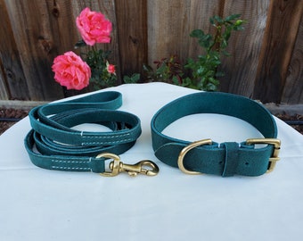 Teal Green Vibrania Super Soft Thick Distressed Leather Dog Collar Leash Set Colorful Summer Dog Collar, Pitbull Collar, Puppy Collar XS XXL
