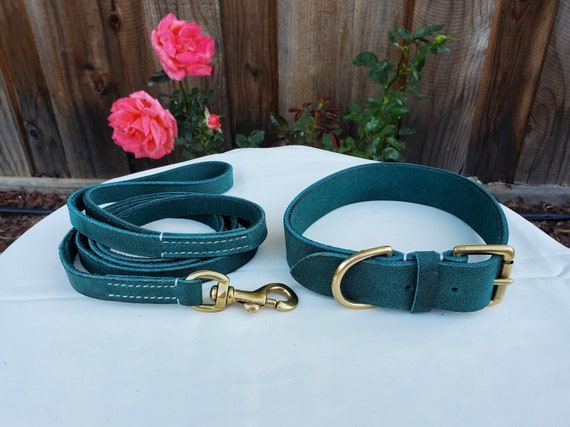 Teal Green Vibrania Super Soft Thick Distressed Leather Dog Collar Leash Set Colorful Summer Dog Collar, Pitbull Collar, Puppy Collar XS XXL