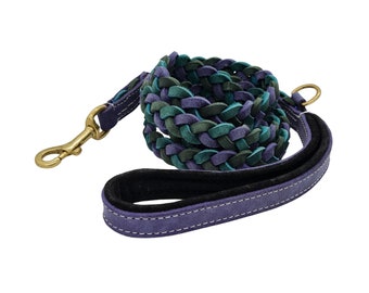 Super Soft 6 ft Distressed Leather Dog Leash Braided in Indigo Blue Green Shades with Suede Leather Padded Handle, Strong Vintage Leather