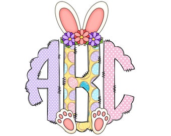 Pink Easter Bunny Ears Monogram Letters, Easter Sublimation PNG Hand Drawn Doodle Letters Purple Eggs Bunny for Girl Sublimation Font PNG