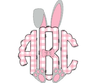 Pink Easter Bunny Ears Monogram Letters, Easter Sublimation PNG Hand Drawn Doodle Letters Easter Plaid Bunny for Girl Sublimation Font PNG
