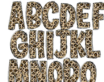 Glitter Leopard Print Doodle Alphabet Letters PNG Bundle, Cheetah Animal Print, Design Hand Drawn Doodle, Sublimation Alpha Set Designs PNG