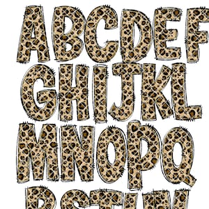 Glitter Leopard Print Doodle Alphabet Letters PNG Bundle, Cheetah Animal Print, Design Hand Drawn Doodle, Sublimation Alpha Set Designs PNG
