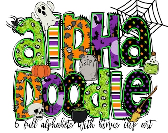 Halloween Doodle letters with Clip Art PNG Files, Make your own Name, Doodle Alpha Bundle, Halloween Clipart Alphabet Doodle Set PNG
