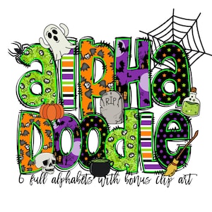 Halloween Doodle letters with Clip Art PNG Files, Make your own Name, Doodle Alpha Bundle, Halloween Clipart Alphabet Doodle Set PNG