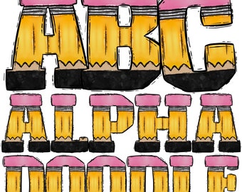 Varsity Pencil School Teacher Back to School Bulletin Board Doodle Letter Bundle, Alphabet Set, Clip Art Letters, Doodle Bundle PNG