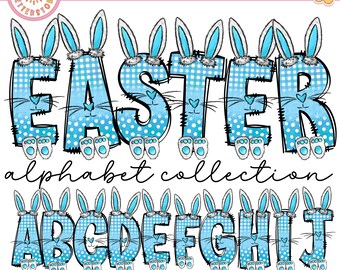 Easter Bunny Alphabet Letters PNG Bundle, Blue Boys Easter Eggs, Spring Floral, Easter Bunny, Sublimation Alpha Set Designs PNG