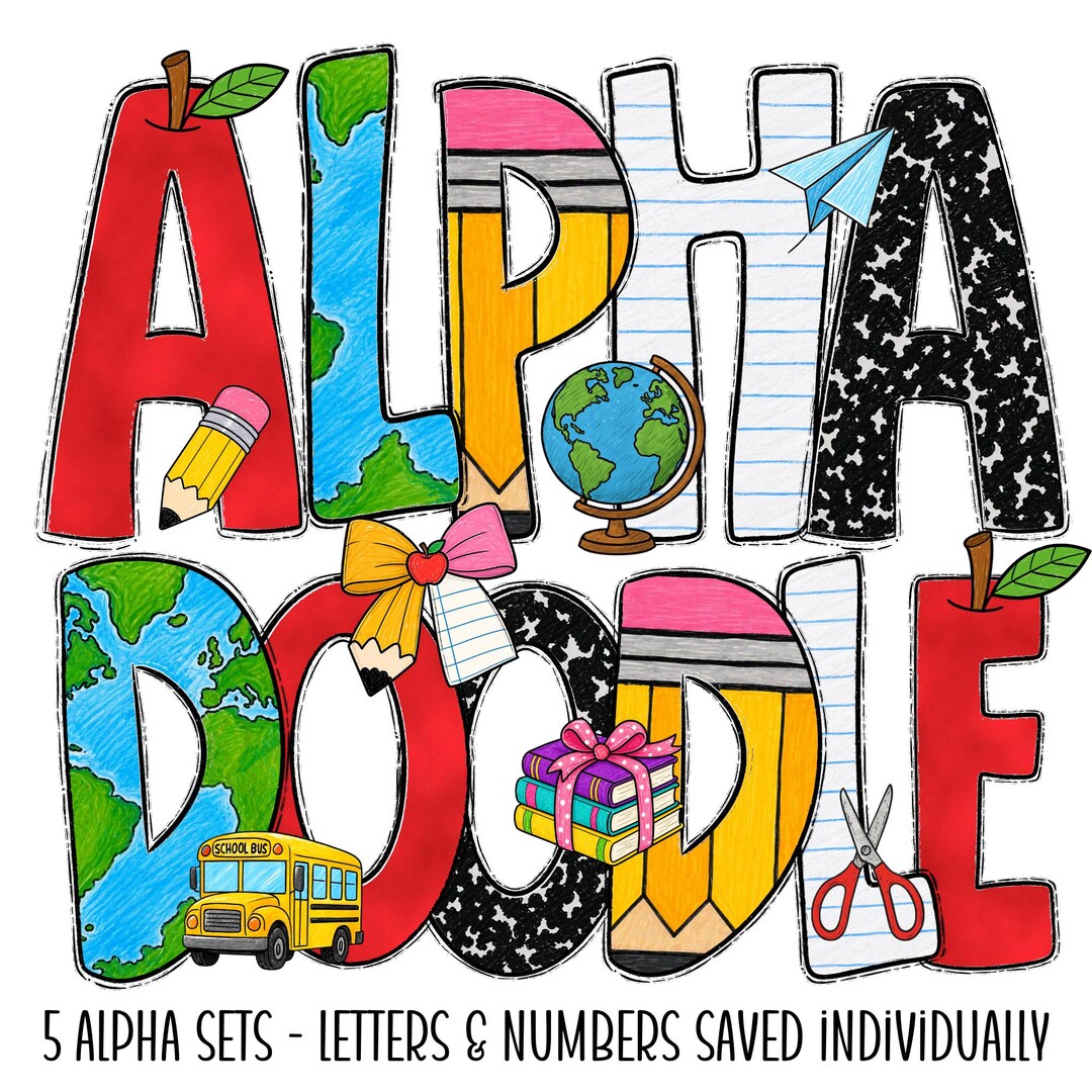 School Doodle Alphabet PNG Bundle, Teacher Clipart, Hand Drawn Doodle ...