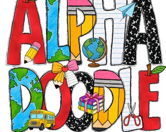 Schule Doodle Alphabet PNG Bundle, Lehrer Clipart, handgezeichnete Doodle Buchstaben, Zurück in die Schule Sublimation