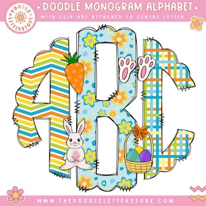 Easter Bunny Monogram Letters, Easter Sublimation PNG Hand Drawn Doodle Letters Eggs Bunny for Boys and Girls Sublimation Font PNG