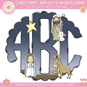 May include: A blue and white monogram with the letters A, B, and C. The letters are decorated with a star, a donkey, a shepherd, a lamb, and Mary holding baby Jesus. The monogram is surrounded by a scalloped border.