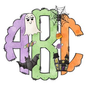 Halloweenmonogrambokstäver, pastellfärgade kusliga sublimerings-PNG-element handritade klotteralfabetspaket, spökgodis hemsökt sublimeringstypsnitt PNG