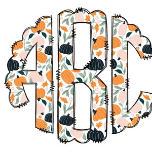 Boho Pumpkin Monogram Letters, Autumn Leaves Sublimation PNG Elements Hand Drawn Doodle Alpha Bundle, Fall Boho Pumpkin Sublimation Font PNG