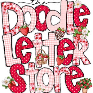 Parche de fresa Doodle Letras del alfabeto Sublimación Clipart PNG, Frutas de verano A-Z Letras de fuente mayúsculas y minúsculas Paquete de conjunto completo