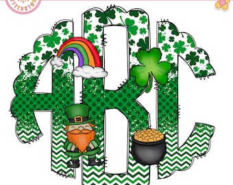 St Patricks Day Monogram with Clip Art Doodle Letters, Make your Own, Gold Rainbow Lucky Clover Kids Alphabet Initials Transparent PNG