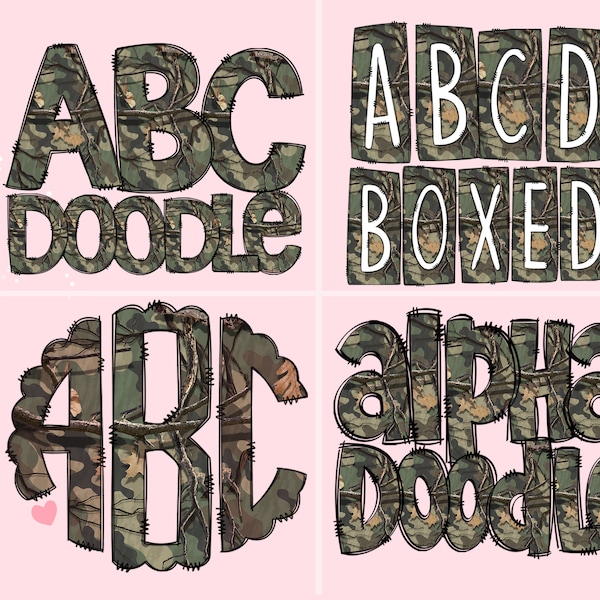 Camo Hunt Mega Doodle Buchstaben Bundle, Alphabet Set, Clip Art Buchstaben, Doodle Monogramm Bundles PNG