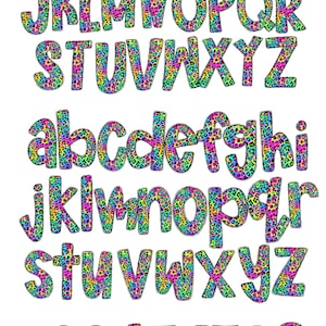 May include: A colorful alphabet and numbers with a leopard print pattern. The letters and numbers are in a rainbow of colors, including pink, blue, green, yellow, and orange.