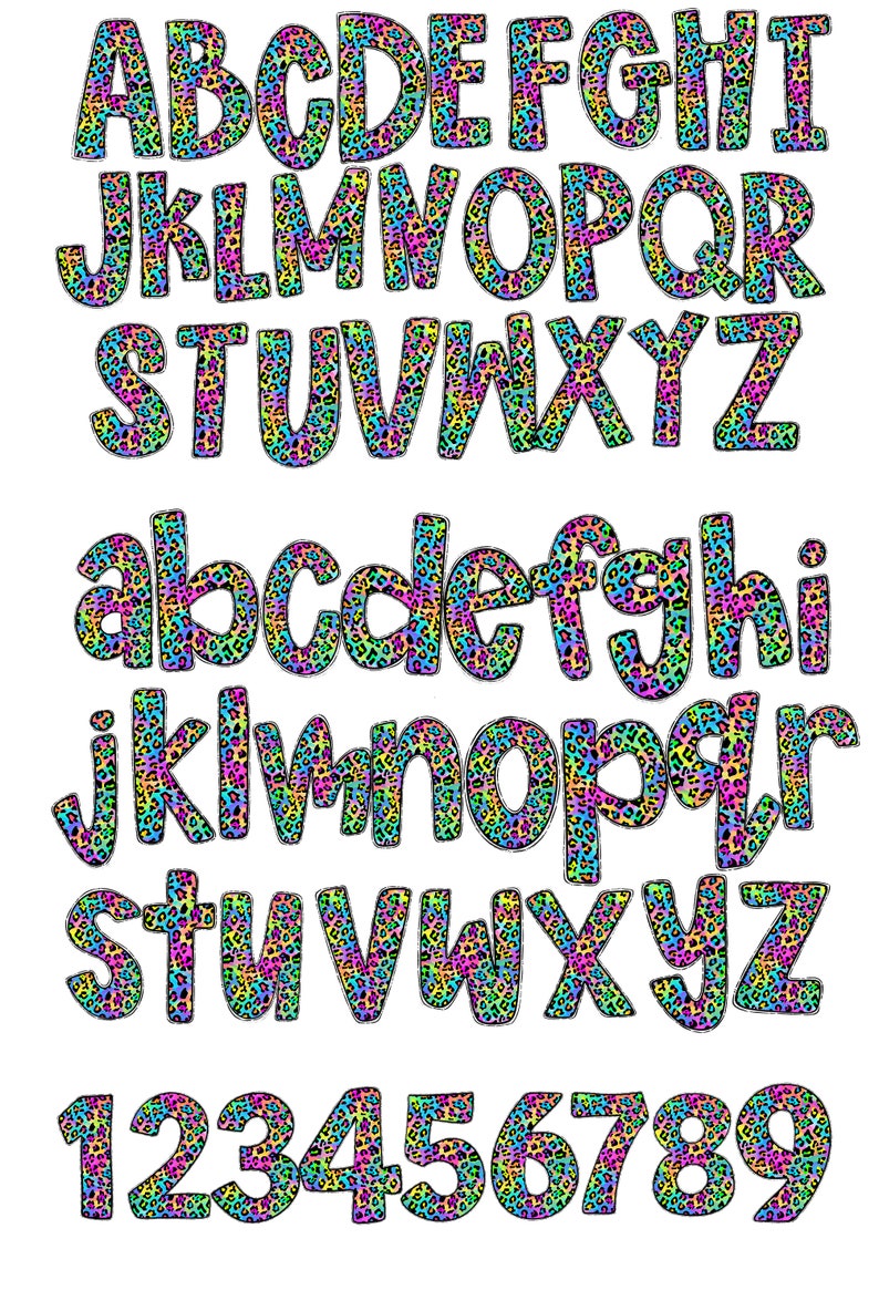 May include: A colorful alphabet and numbers with a leopard print pattern. The letters and numbers are in a rainbow of colors, including pink, blue, green, yellow, and orange.
