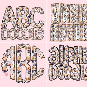 以下が含まれることがあります： ハロウィンをテーマにしたアルファベットの文字のセットで、落書き、囲み、アルファ落書きなど、さまざまなスタイルがあります。文字は、かぼちゃ、幽霊、魔女の帽子で飾られています。