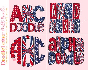 Paquete de letras Mega Doodle de 3 patrones de bandera de EE. UU., conjunto de alfabetos, letras de imágenes prediseñadas, paquetes de monogramas de doodle PNG