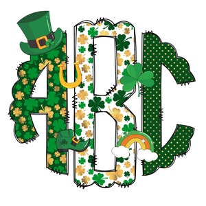 May include: Green, gold, and white monogram letters A, B, and C with a shamrock, leprechaun hat, horseshoe, and rainbow design. The letters are outlined in black and have a stitched look.