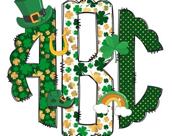 St Patricks Day Monogram with Clip Art Doodle Letters, Make your Own, Gold Rainbow Lucky Clover Kids Alphabet Initials Transparent PNG