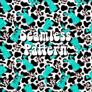 May include: A seamless pattern featuring turquoise bunnies and brown eggs on a white and black cow print background. The text "Seamless Pattern" is written in white with a retro font.