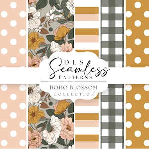 Carta senza cuciture Boho Blossom, motivo ripetuto, collezione di carte digitali, stampa su tessuto commerciale, sfondo retrò con fiori floreali PNG