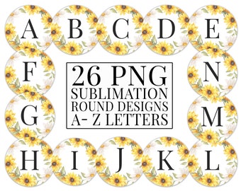 A-Z Sonnenblumen-Auto-Untersetzer-Bündel, Blumenmuster, Blumen-Getränkehalter, Auto-Lufterfrischer Runde Sublimationsdesigns, Initialen Buchstaben Vorlage PNG