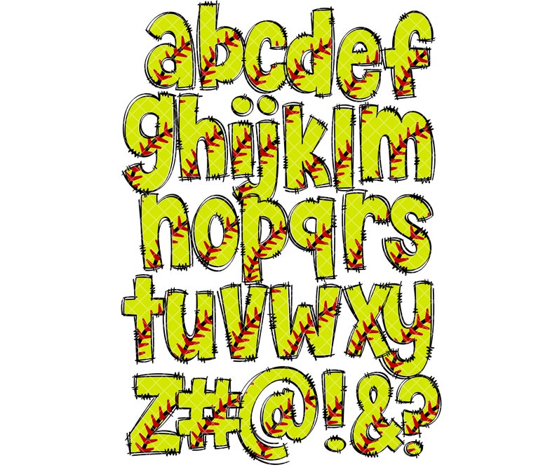 May include: Yellow and red alphabet letters with a softball stitch pattern. The letters are outlined in black and have a stitched look. The letters include a, b, c, d, e, f, g, h, i, j, k, l, m, n, o, p, q, r, s, t, u, v, w, x, y, z, #, @, !, &, and ?