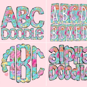 Paquete de letras de mega doodle de flores de primavera en azul, conjunto de alfabetos, letras de imágenes prediseñadas, paquetes de monogramas de doodle PNG