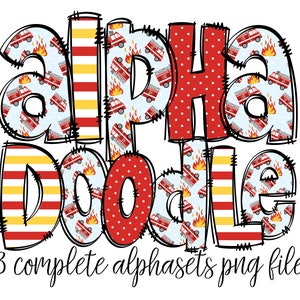 Letras del alfabeto de bombero PNG, letras de doodle de camión de bomberos, doodle del alfabeto dibujado a mano, diseños de conjuntos de alfabeto de sublimación para niños pequeños PNG