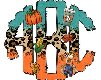 Fall Monogram Letters, Autumn Leaves Sublimation PNG Elements Hand Drawn Doodle Alpha Bundle, Leopard Boho Pumpkin Sublimation Font PNG