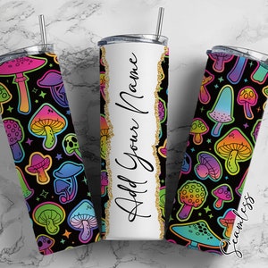 Mushrooms On Black Background, Mushroom Add Your Own Name, 20oz Sublimation Tumbler Designs, Skinny Tumbler Wraps Template - 313 PATTERN