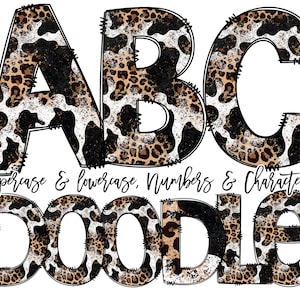 Cowhide Print Alphabet Letters Bundle, Leopard Print, Bleach Western, Hand Drawn Alphabet Doodle, Sublimation Alpha Set Designs PNG