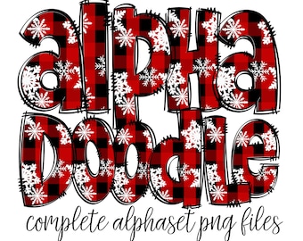 Christmas Plaid Doodle letters, Hand Drawn Doodle Alpha Bundle, Sublimation Font PNG, Patterned Numbers & Alphabet,