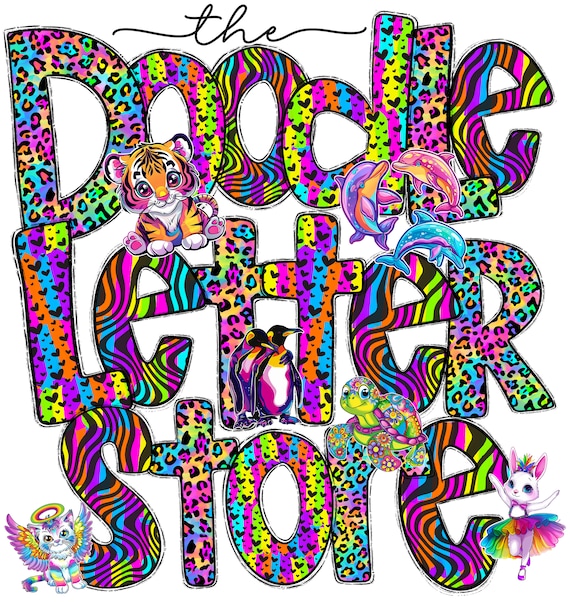 Neon 90's Nostalgia Doodle Letters with Matching Clip Art, Rainbow Leopard Print Doodle Letters  Sublimation, Sublimation Designs PNG