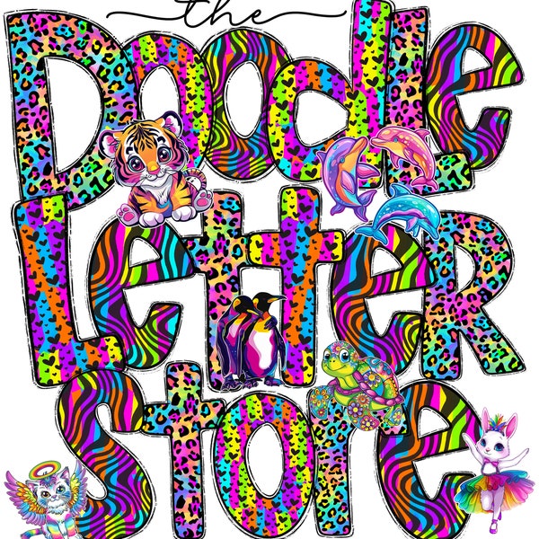 Neon 90's Nostalgia Doodle Letters with Matching Clip Art, Rainbow Leopard Print Doodle Letters  Sublimation, Sublimation Designs PNG