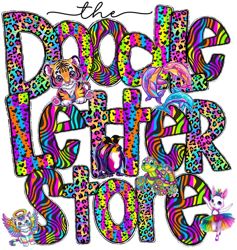 May include: The Doodle Letter Store logo features a colorful, multi-patterned design with a tiger, penguin, turtle, dolphin, and unicorn. The text "the Doodle Letter Store" is in a bold, playful font.