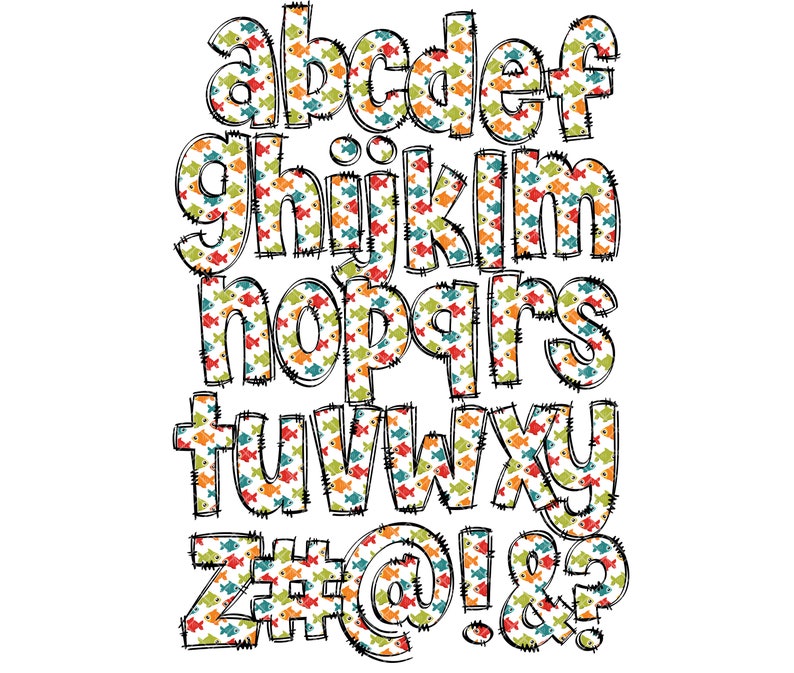 Kids Fishing Alphabet Letters PNG Bundle, Fish Doodle Letters, Hand ...