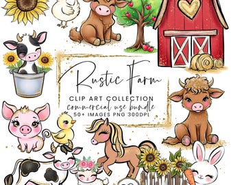 Süße Rustikale Aquarell Bauernhof Tiere Clip Art PNG, Kuh, Schwein, Hühner, Sonnenblumen, Highland Kuh, Glitter DTF, Western Dekor, Scheunenlamm #RFCA1