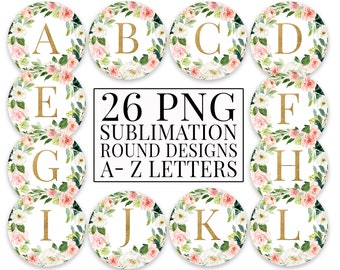 A-Z PINK Blumen-Auto-Untersetzer-Bündel, Aquarell-Blumen-Getränkehalter, Auto-Lufterfrischer Runde Sublimationsdesigns, Initialen Buchstaben Vorlage PNG