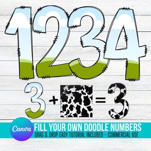 Preencha seus próprios Doodle NUMBERS no CANVA com Uso Comercial Permitido. Arraste e Solte Letras do Alfabeto Alphaset PNG Designs de Molduras Canva Editáveis