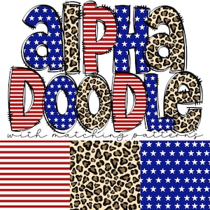 Letras de garabatos del 4 de julio y patrón sin costuras a juego, alfabeto patriótico con estampado de leopardo rojo, blanco y azul, bandera estadounidense con estrellas y rayas PNG