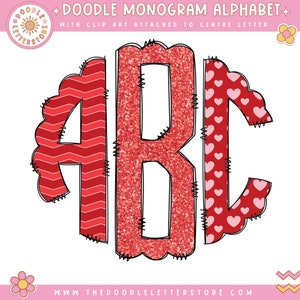 Valentine's Day Doodle Monogram Letters, Red Hearts, Stripe Pattern and Glitters Alphabet Initials PNG For Tees Backsack, Instant Download