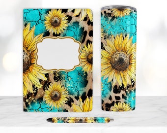 Turquoise Leopard Sunflower Sublimation Bundle, Journal Template, 20oz Tumbler Design, Pen Wrap Water Slide Epoxy Waterslide Pen Wrap PNG