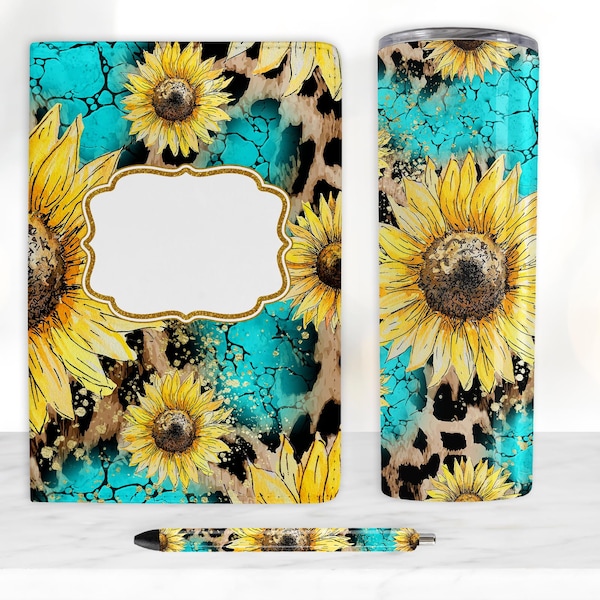 Turquoise Leopard Sunflower Sublimation Bundle, Journal Template, 20oz Tumbler Design, Pen Wrap Water Slide Epoxy Waterslide Pen Wrap PNG